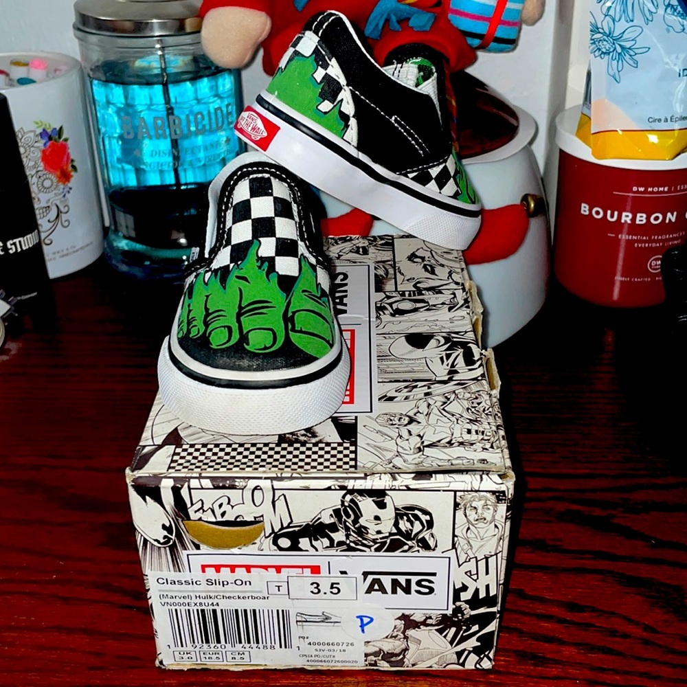 Size 3.5 toddler slip on Marvel Vans.
